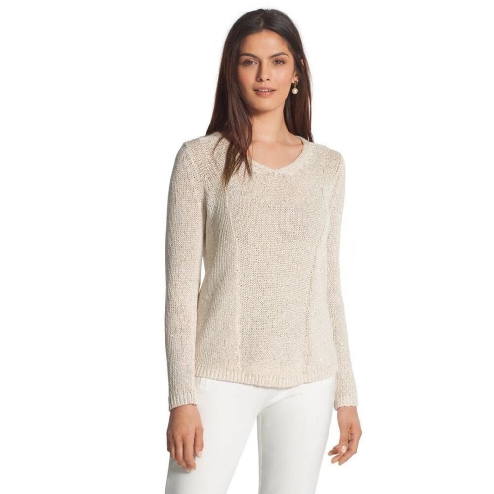 Chicos Shine Samantha Pullover Sweater Size 1 Open Knit Neutral Minimal NWT